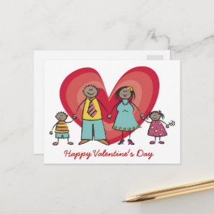 Cartoon Happy Family Big Red Heart Valentine's Day Holiday Postcard