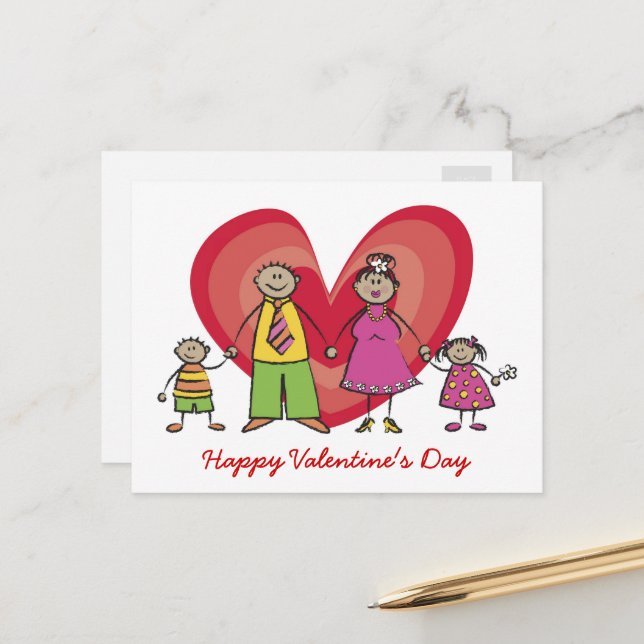 Cartoon Happy Family Big Red Heart Valentine's Day Holiday Postcard (Front/Back In Situ)