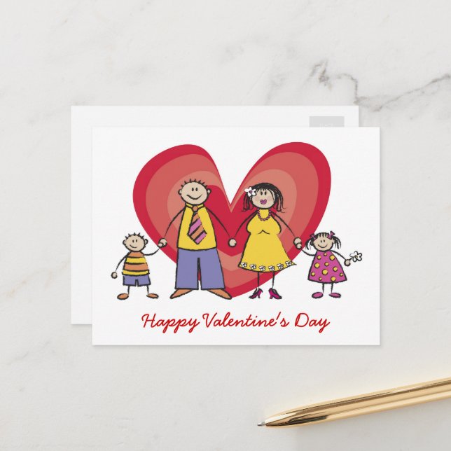 Cartoon Happy Family Big Red Heart Valentine's Day Holiday Postcard (Front/Back In Situ)