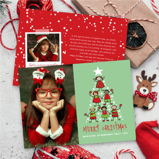 Cartoon Happy Kids Christmas Tree And Stars Photo Holiday Card