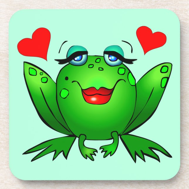 Cartoon Happy Lady Frog Aquamarine Coaster (Front)