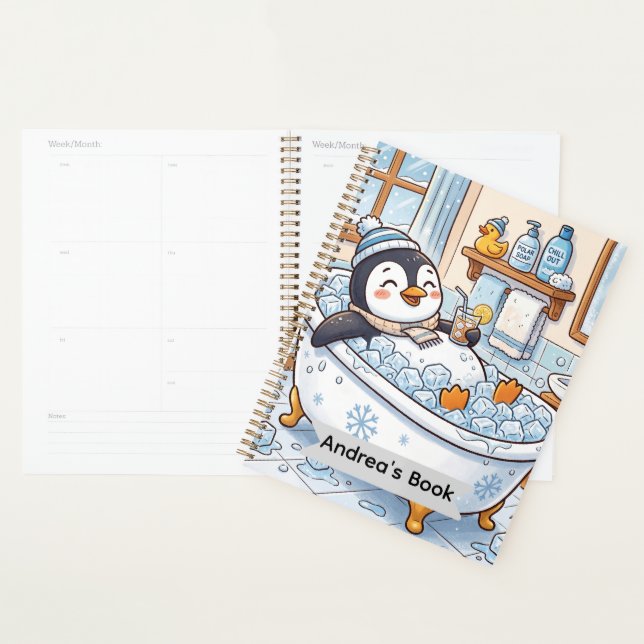 Cartoon Happy Penguin Taking a Bath | Personalise Planner (Display)