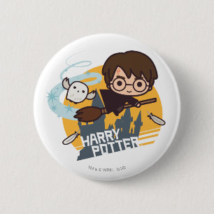 Cartoon Harry and Hedwig Flying Past Hogwarts 6 Cm Round Badge