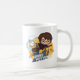 Cartoon Harry and Hedwig Flying Past Hogwarts Coffee Mug