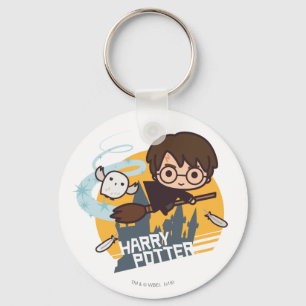 Cartoon Harry and Hedwig Flying Past Hogwarts Key Ring