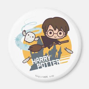 Cartoon Harry and Hedwig Flying Past Hogwarts Magnet