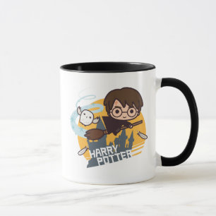 Cartoon Harry and Hedwig Flying Past Hogwarts Mug
