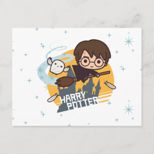 Cartoon Harry and Hedwig Flying Past Hogwarts Postcard