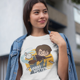 Cartoon Harry and Hedwig Flying Past Hogwarts T-Shirt