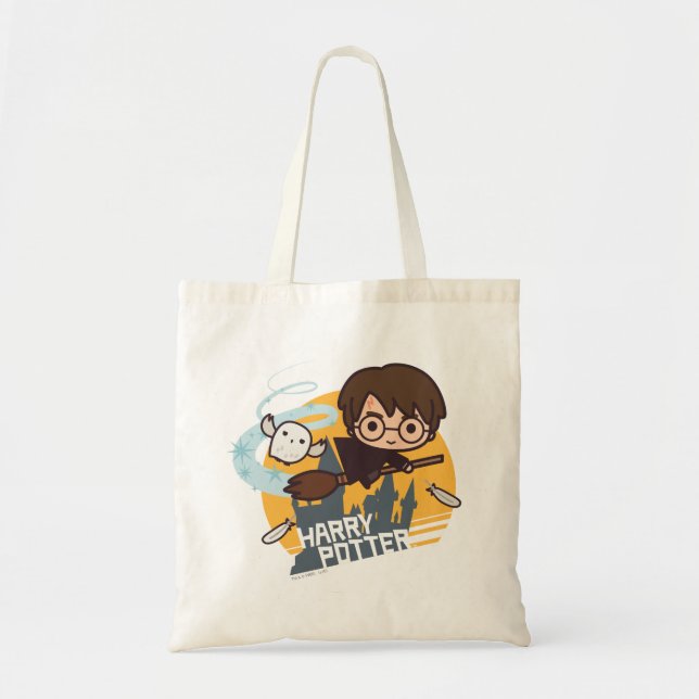 Cartoon Harry and Hedwig Flying Past Hogwarts Tote Bag (Front)