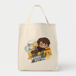 Cartoon Harry and Hedwig Flying Past Hogwarts Tote Bag