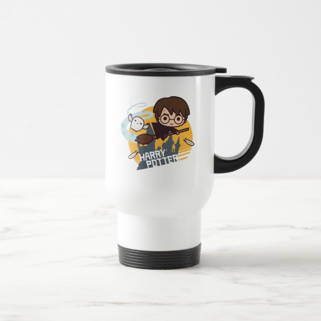 Cartoon Harry and Hedwig Flying Past Hogwarts Travel Mug (Right)