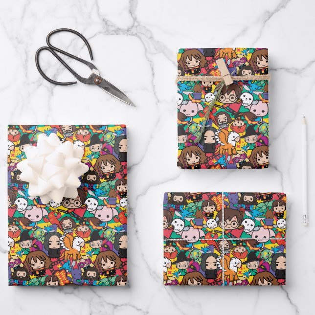 Cartoon Harry Potter Character Toss Pattern Wrapping Paper Sheet (Front)