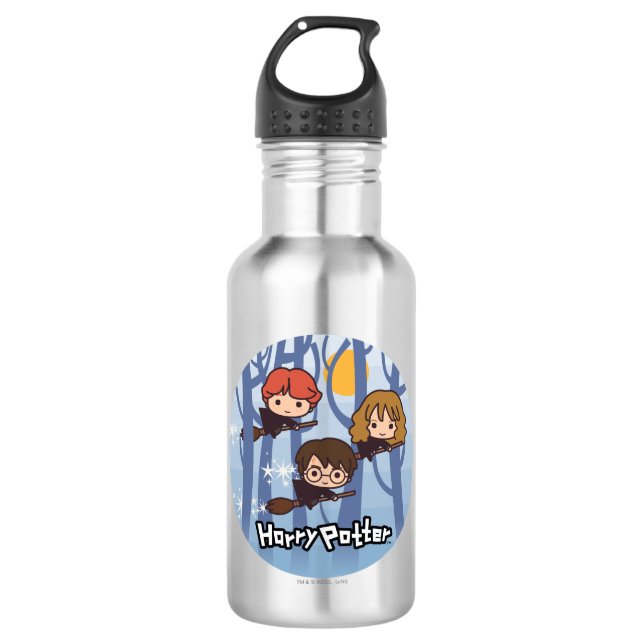 Cartoon Harry, Ron, & Hermione Flying In Woods 532 Ml Water Bottle (Front)