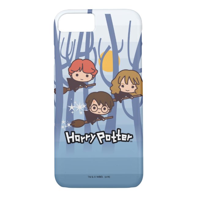Cartoon Harry, Ron, & Hermione Flying In Woods Case-Mate iPhone Case (Back)