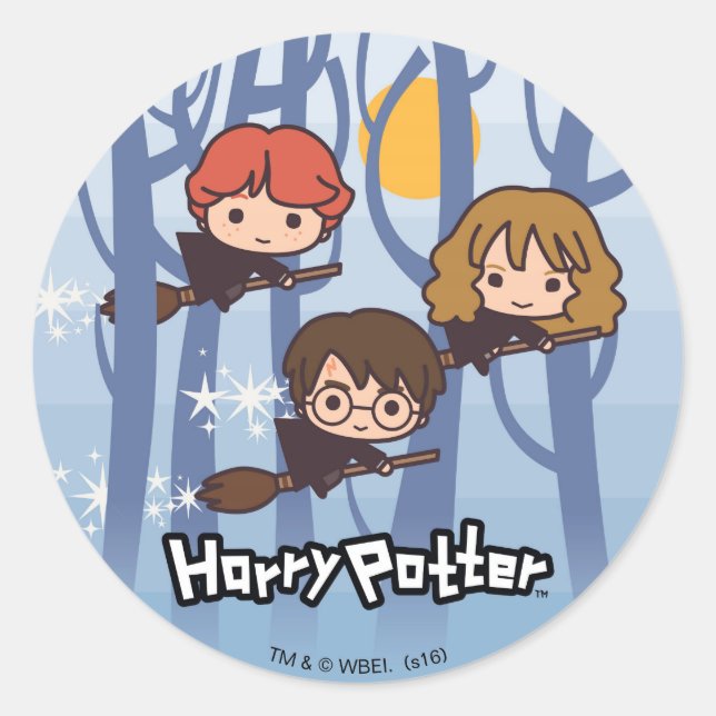 Cartoon Harry, Ron, & Hermione Flying In Woods Classic Round Sticker (Front)