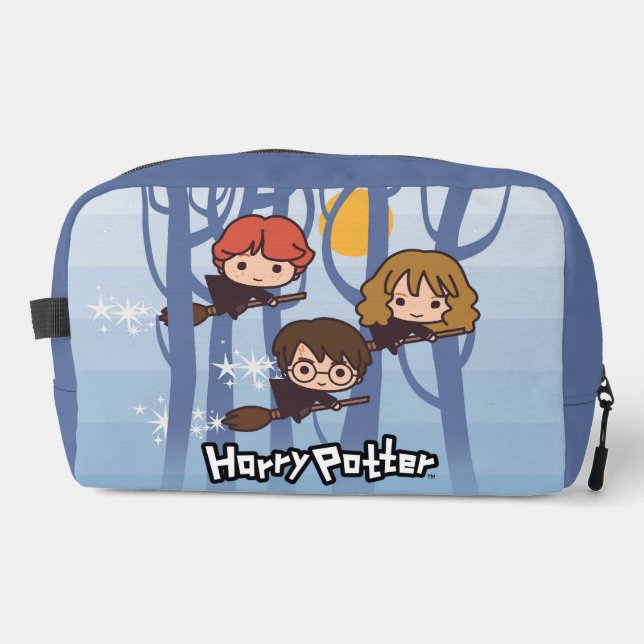 Cartoon Harry, Ron, & Hermione Flying In Woods Dopp Kit (Front)
