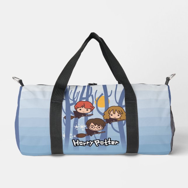 Cartoon Harry, Ron, & Hermione Flying In Woods Duffle Bag (Front)