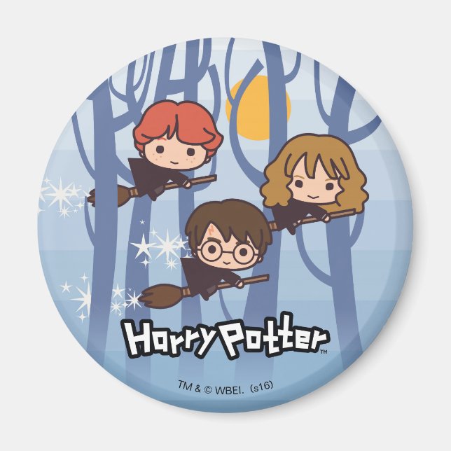Cartoon Harry, Ron, & Hermione Flying In Woods Magnet (Front)