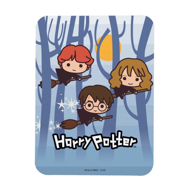 Cartoon Harry, Ron, & Hermione Flying In Woods Magnet (Vertical)