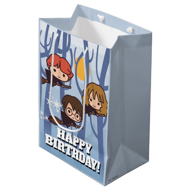 Cartoon Harry, Ron, & Hermione Flying In Woods Medium Gift Bag (Front Angled)