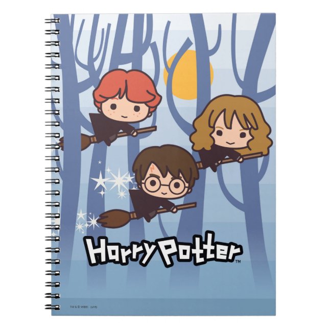 Cartoon Harry, Ron, & Hermione Flying In Woods Notebook (Front)