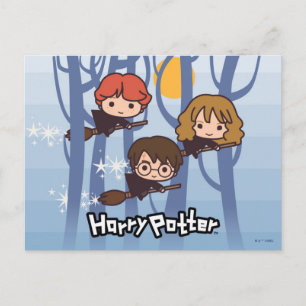 Cartoon Harry, Ron, & Hermione Flying In Woods Postcard