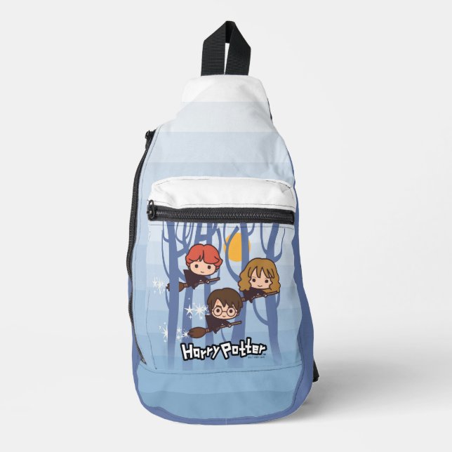 Cartoon Harry, Ron, & Hermione Flying In Woods Sling Bag (Front)