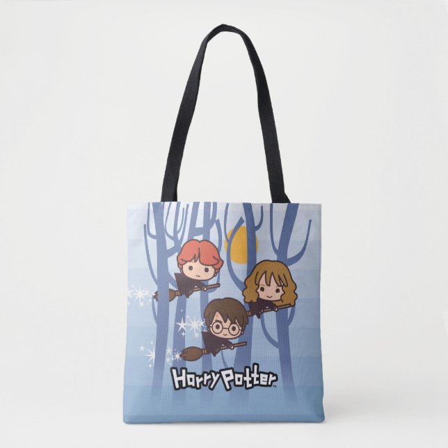 Cartoon Harry, Ron, & Hermione Flying In Woods Tote Bag (Front)