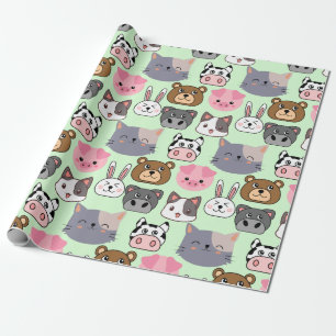 cartoon heads pattern.w Lgreen BG Wrapping Paper