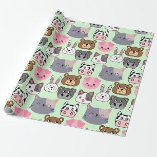 cartoon heads pattern.w Lgreen BG Wrapping Paper