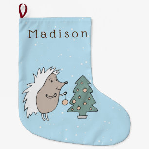 Cartoon Hedgehog and Tree Large Christmas Stocking