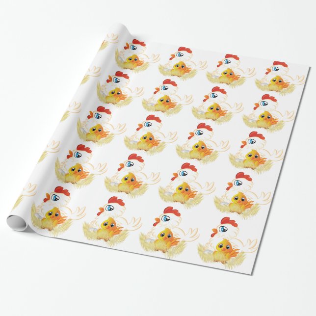 Cartoon Hen and Chicken Wrapping Paper (Unrolled)