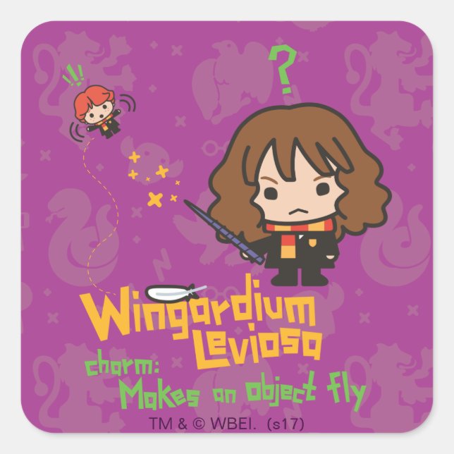 Cartoon Hermione and Ron Wingardium Leviosa Spell Square Sticker (Front)