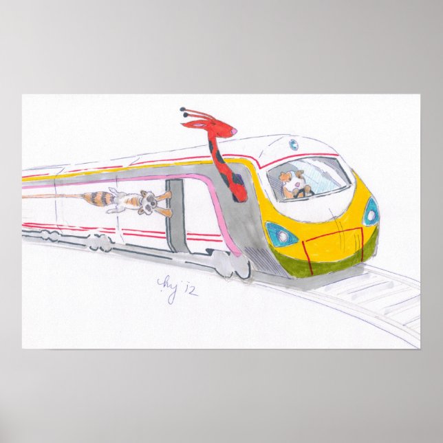 Cartoon high speed train guinea giraffe racoon poster (Front)