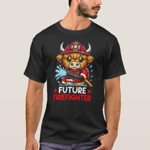Cartoon Highland Cow Fireman Future Firefighter T-Shirt