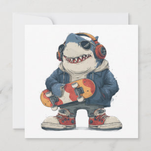 Cartoon Hip Hop Shark Character with Skateboard Holiday Card