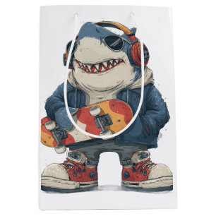 Cartoon Hip Hop Shark Character with Skateboard Medium Gift Bag