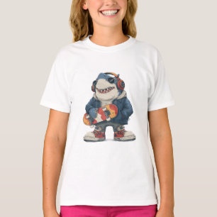Cartoon Hip Hop Shark Character with Skateboard  T-Shirt