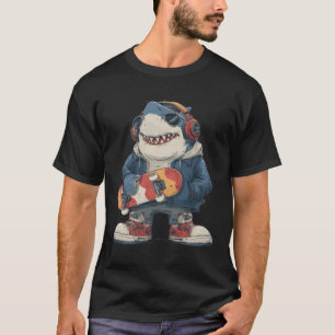 Cartoon Hip Hop Shark Character with Skateboard T-Shirt