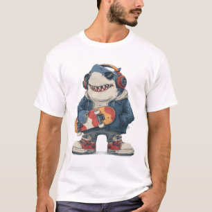 Cartoon Hip Hop Shark Character with Skateboard T-Shirt