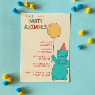 Cartoon Hippo Hippopotamus, Balloon Party Animal Invitation