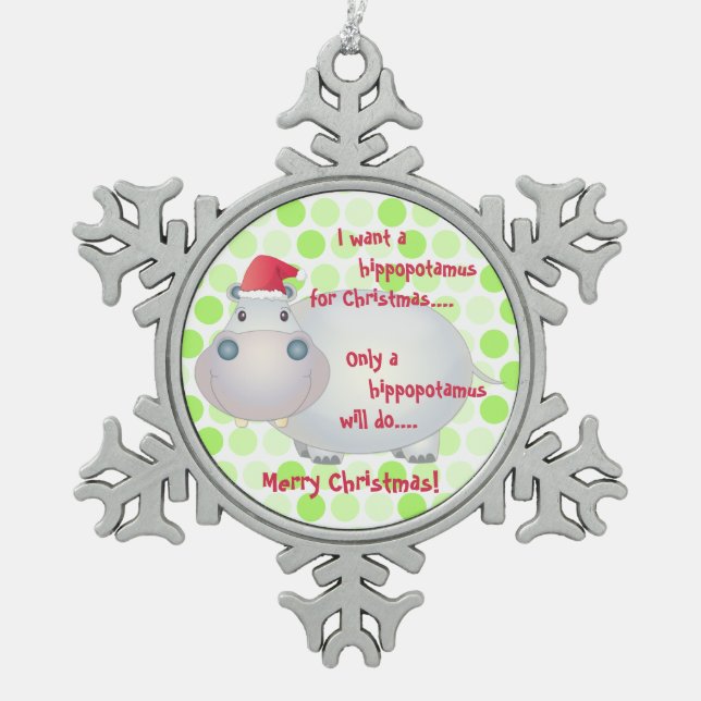 Cartoon Hippopotamus Christmas (Xmas) Snowflake Pewter Christmas Ornament (Front)