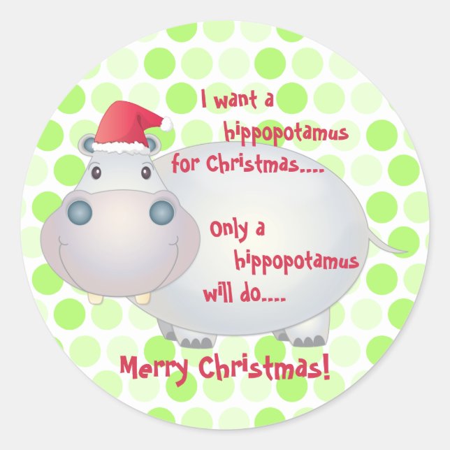 Cartoon Hippopotamus Hippo Christmas Xmas Classic Round Sticker (Front)