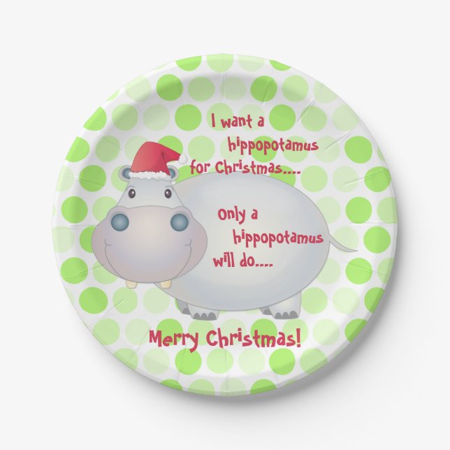 Cartoon Hippopotamus Hippo Christmas Xmas Paper Plate (Front)