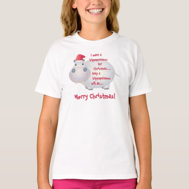 Cartoon Hippopotamus Hippo Christmas Xmas T-Shirt (Front)