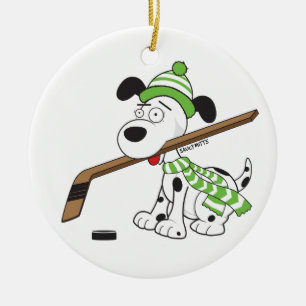 Cartoon Hockey Dog Green Scarf Christmas Decor Ceramic Tree Decoration