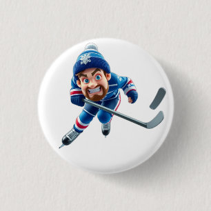 Cartoon Hockey Player Skating with Intense Express 3 Cm Round Badge