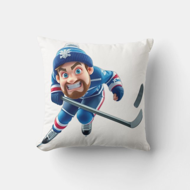 Cartoon Hockey Player Skating with Intense Express Cushion (Front)