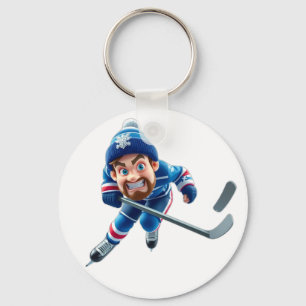 Cartoon Hockey Player Skating with Intense Express Key Ring